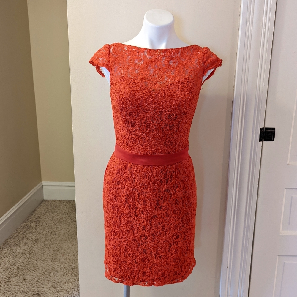 Belsoie orange lace cap sleeve cocktail dress fits like size 4